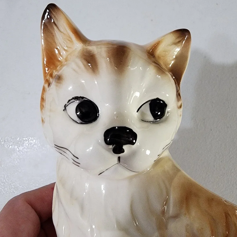 Vintage Ceramic Cat Planter Made in Japan Brown White Kitten Figurine Succulent